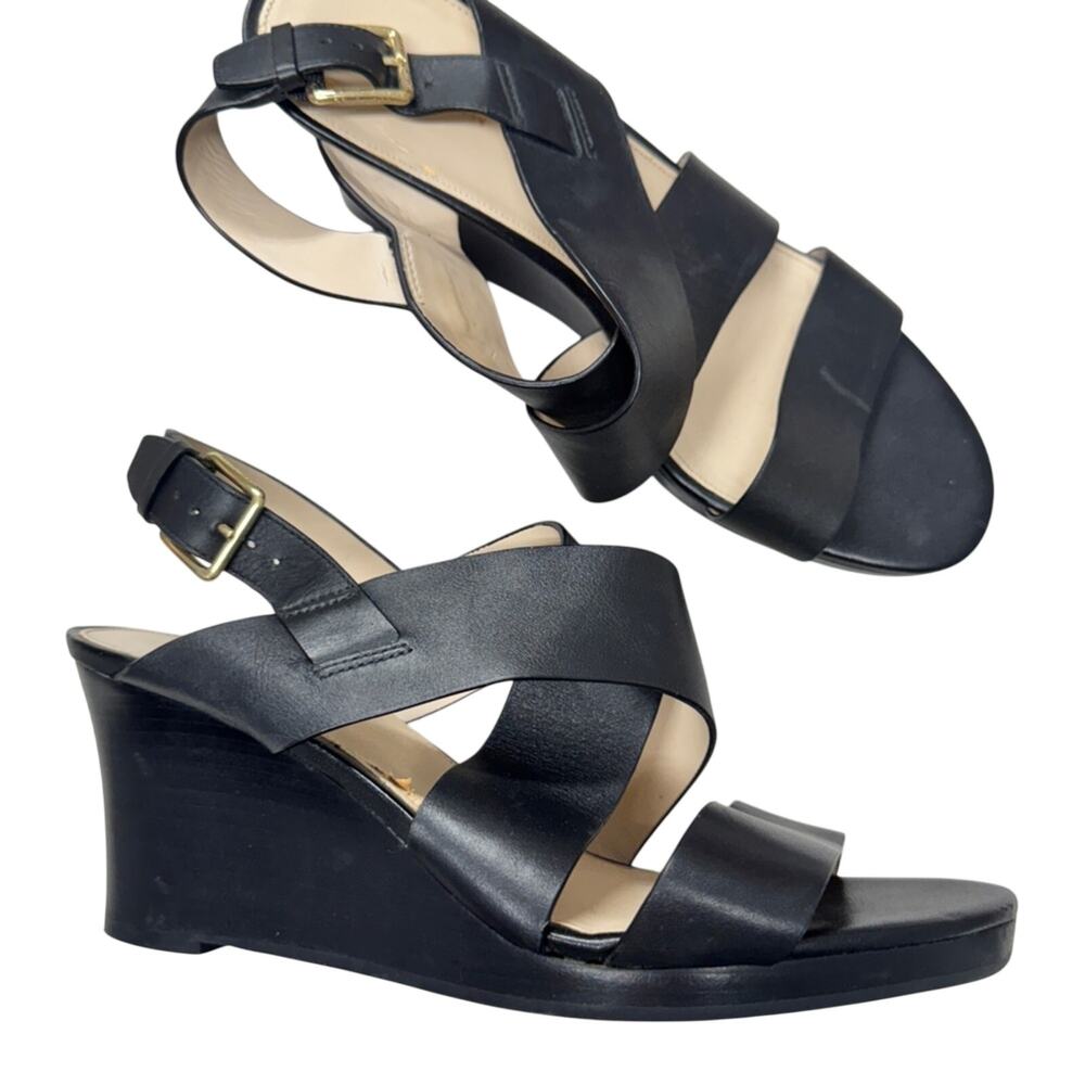 Cole Haan Black Leather Strappy Wedge Sandals Womens 7.5 Peep Toe Classic Heels